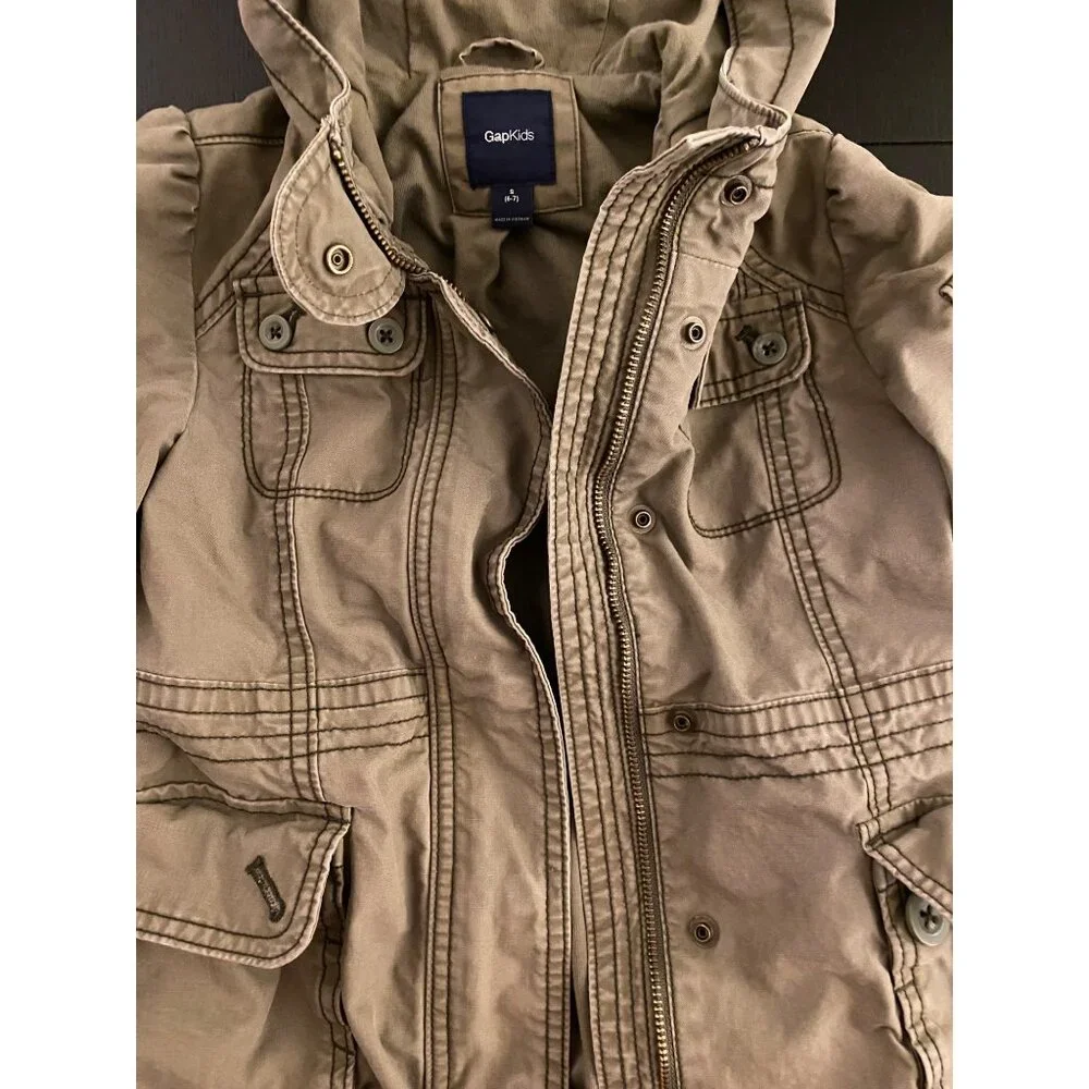 GAP Kids Hooded Military Utility Jacket Small (6-7) Olive Full Zip 100% Cotton‎